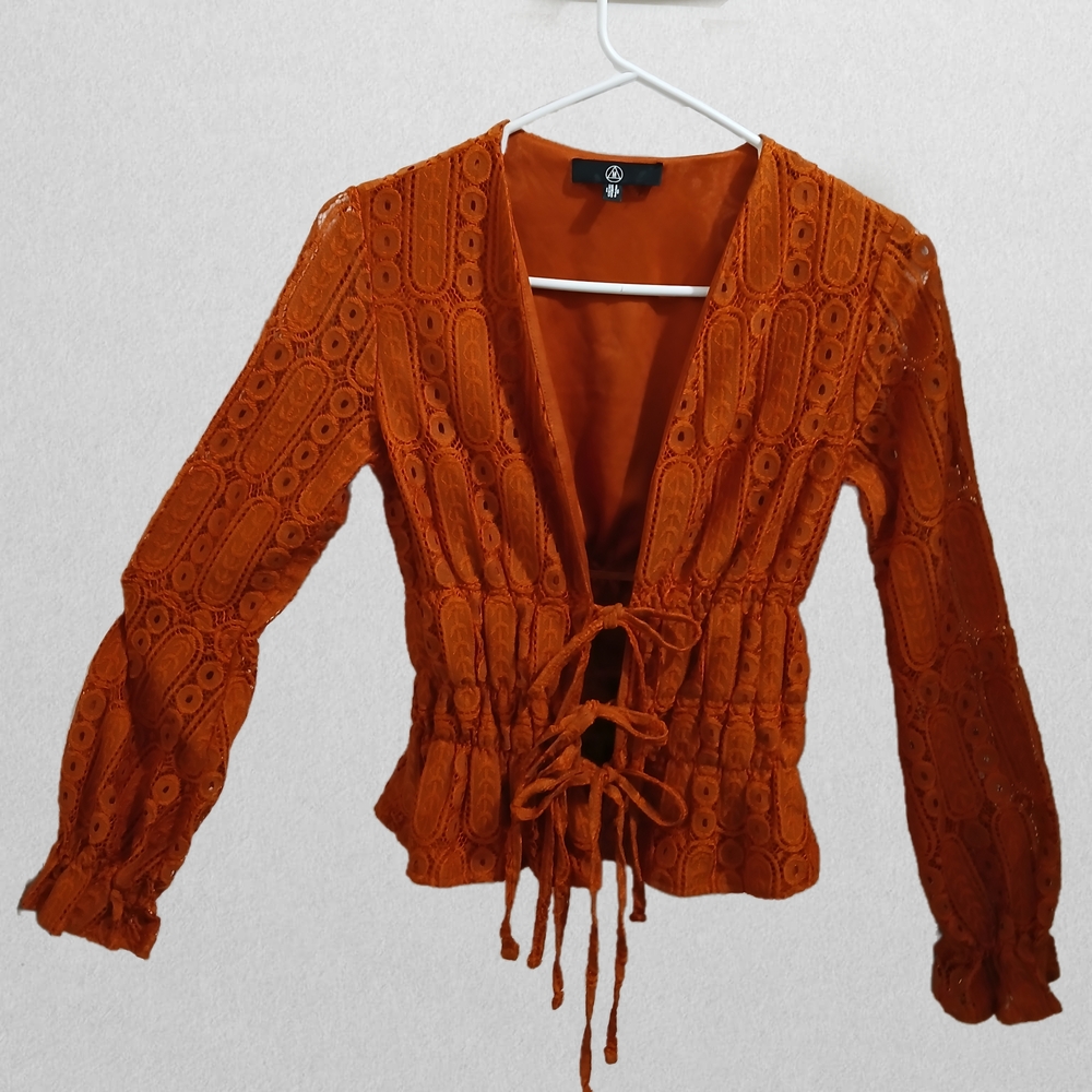 Elegant Burnt Orange Lace Blouse/ Cardigan with Front Ties,NWOT